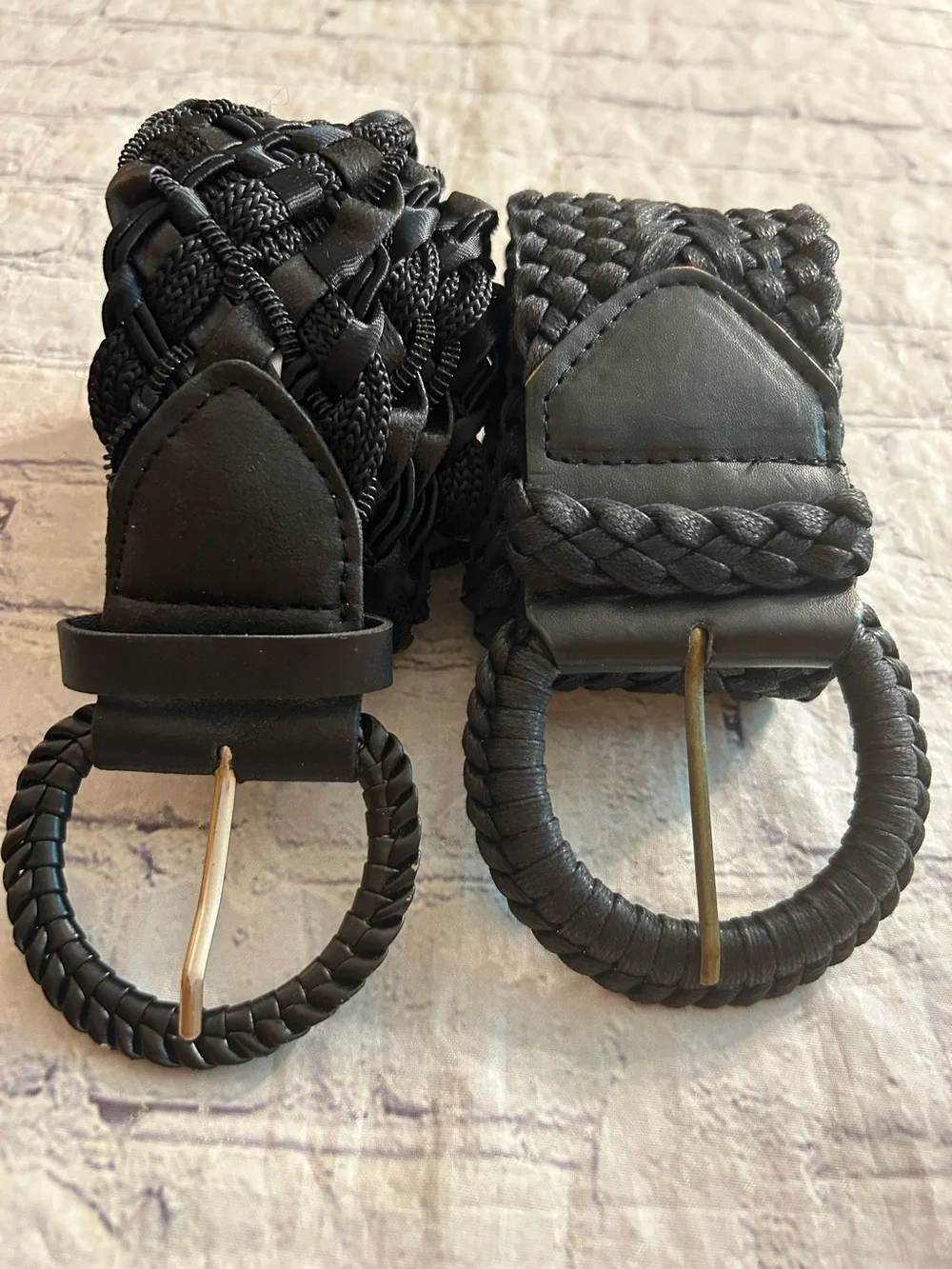 LOT OF (2) BLACK BRAIDED WOVEN WIDE BELTS 100% COTTON & POLYESTER BLEND M/L